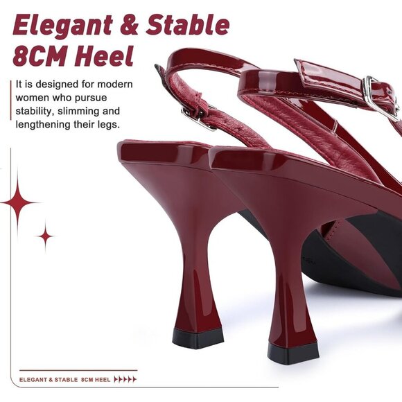 🆕Wine Faux Leather Pointed Toe Sling back Kitten Heel with Bow Knot Adjustable - Picture 2 of 8